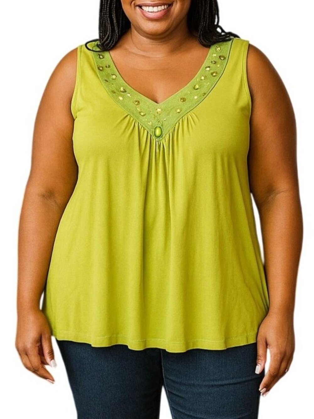 Valerie Stevens Plus Size 2X Top Green Sleeveless Beaded Embellished Accent